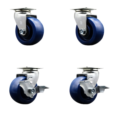 Service Caster 4 Inch Solid Polyurethane Swivel Caster Set with Ball Bearings 2 Brakes SCC-20S420-SPUB-2-TLB-2